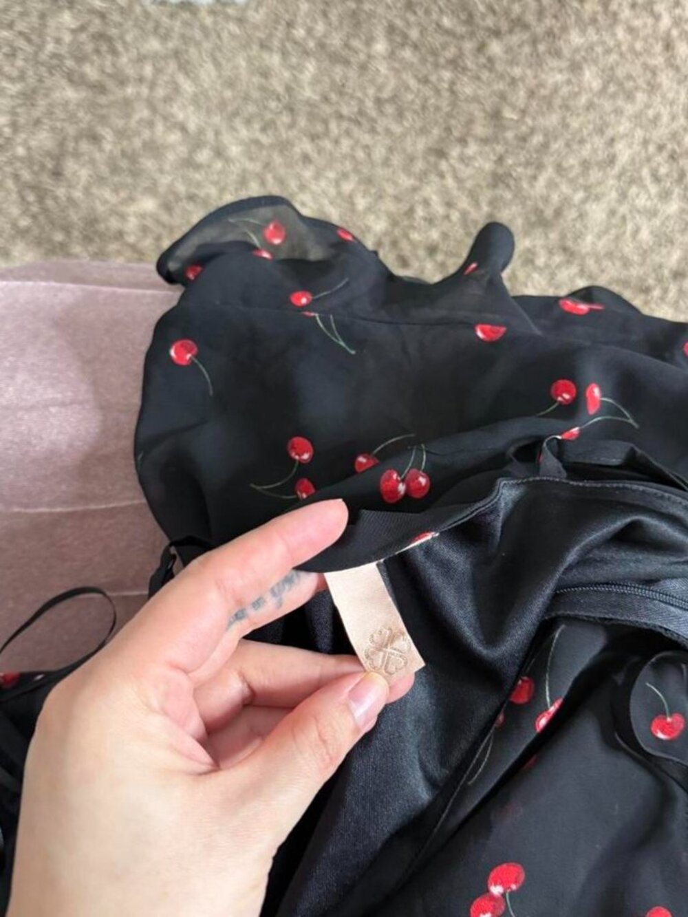 Romantic girly grunge cherry print black cowl neck dress - Picture 5 of 5